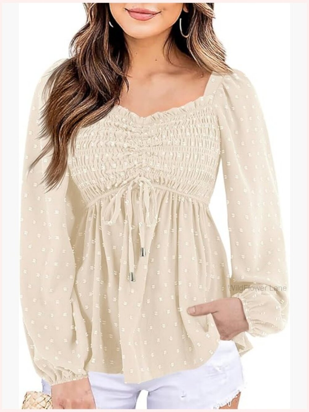Smocked Peplum Top with Balloon Long Sleeve Swiss Dot - Picture 1 of 4